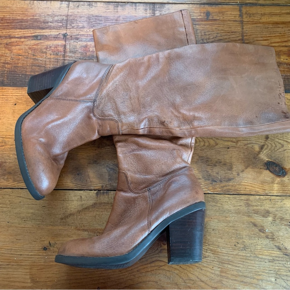 Vintage Brown Leather Heeled Tall Boots Side Zipper Casual Dress